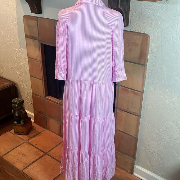 A Loves A Pinstripe Pink and White Striped Tiered Midi Shirt Dress, size L - Picture 7 of 10